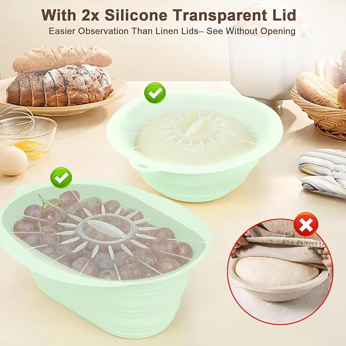 JOCXSPI Premium Foldable Silicone Sourdough Banneton Basket with 2 Lid, 9" Round & 10" Oval Sourdough Bread Proofing Basket, Non-Stick, Oven & Dishwasher Safe