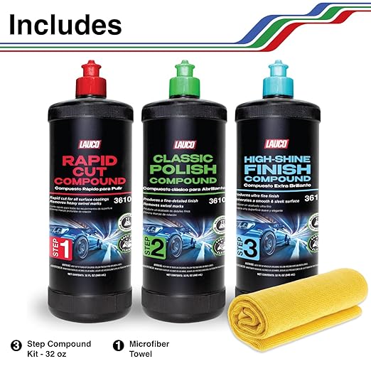 LAUCO 3-Step Kit – Steps 1 2 3 – 32oz, with a Towel, Professional Silicone-Free Cutting, Polishing & Finishing Compounds for Scratch Removal, Clear Coat Safe High-Gloss Finish 36454