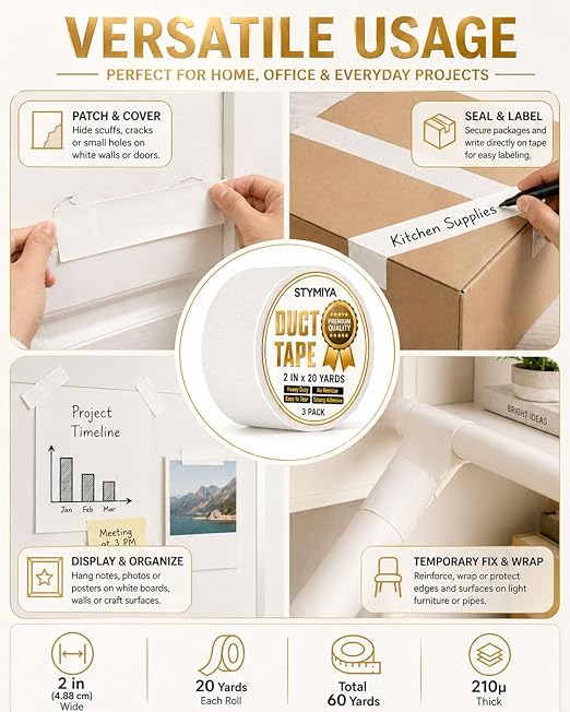 White Duct Tape Heavy Duty: Wide Waterproof Outdoor Duck Furniture Repair Tape Bulk - Strong Adhesive Weather UV Resistant No-Residue Masking Tapes Patterns Variety Pack (3, White)