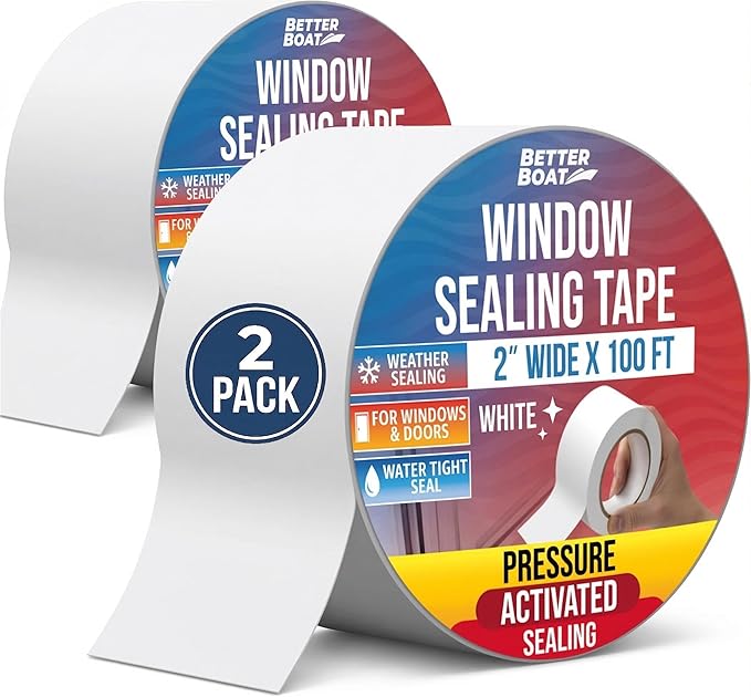Window Sealing Tape White 2-Pack, 2 Inch x 100 FT Per Roll, Weather Seal for Windows, Doors and AC Units, Waterproof UV Resistant, Damage-Free Removal - Better Boat