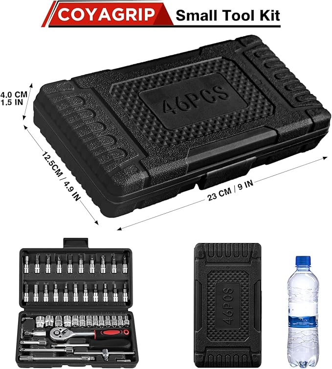 46PCS Socket Ratchet Wrench Set, 1/4 Inch Drive Small Tool Set with Screwdriver Bit Sockets Extension Bar and Storage Case, Metric Socket Set for Car Repair and Home Use, Black