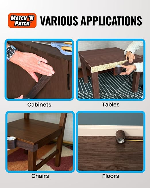 MATCH 'N PATCH Wood Grain Repair Tape - Dark Brown Oak, 2.25 in x 15 ft (1-Pack) – Wood Grain Colored Duct Tape for Mirror Frame, Trim, Borders, Floor and Other Furniture, Scratch Repair Kit