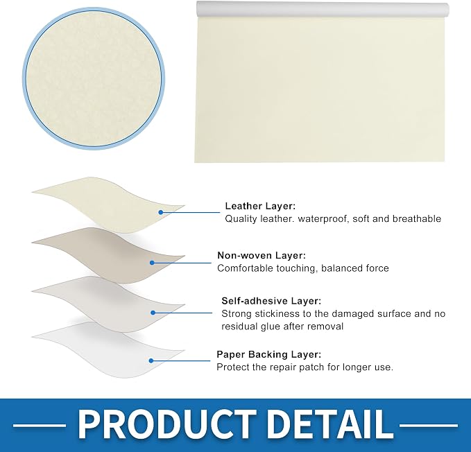 Self Adhesive Leather Repair Patch Strong Stickiness 39"x26.7" Leather Repair Tape PVC Faux Leather Beige White 1 Pcs