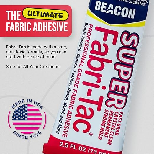 BEACON Super Fabri-Tac - New Industrial Grade Fabric Adhesive - Fast Grab, Quick Drying, Permanent & Crystal Clear - Suitable for Fabrics, Wood, Glass & More, 2.5-Ounce