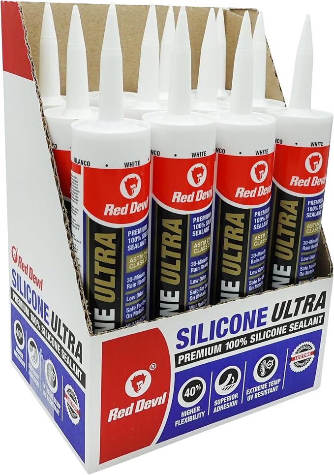 Red Devil 0780 Silicone Ultra 100% RTV Silicone Sealant, 10.1 oz., White, 12 Pack
