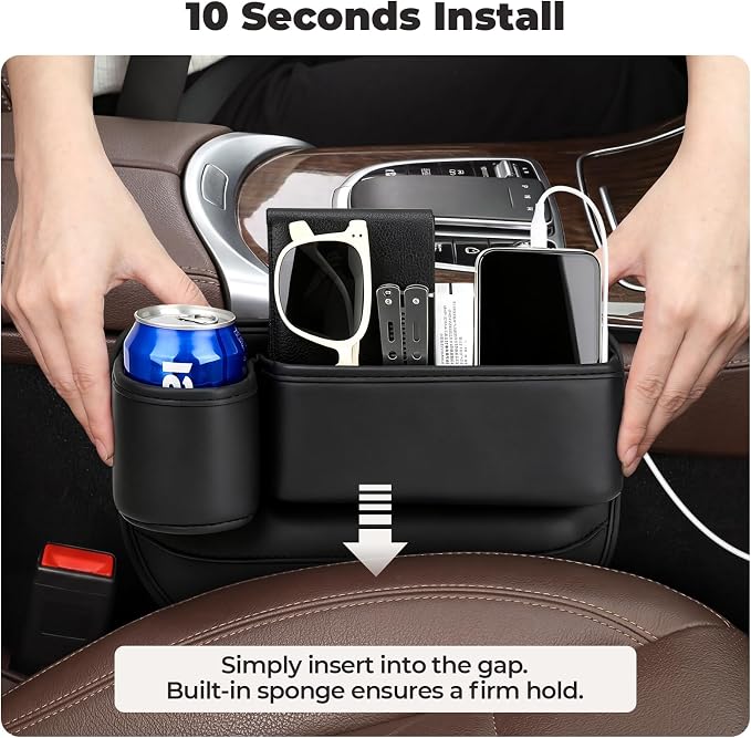Universal Fit Car Seat Gap Filler Organizer, Premium Leather Console Organizer with Cup Holder, Easy Access to Phone Keys Glasses Wallet, Gifts for Car SUV Truck Owners, Black, 2 Pack
