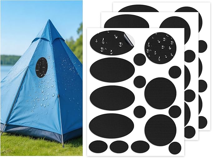 Waterproof Self-Adhesive Nylon Fabric Repair Tape - Tent Repair Kit,48pcs Fabric Patches for Tent, Jacket, Clothes, Puffer Down Jacket,Sleeping Bag, Outdoor Gear Tenacious Repairs Tape, Black