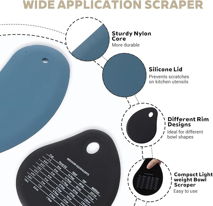 Dough Scraper Tool, 2Pcs Silicone Bowl Scraper Curved Edge Flexible Kitchen Pastry Scrapers for Bread, Cake, Batter, Cheese, Cream, Honey, Jam(Blue, Black)