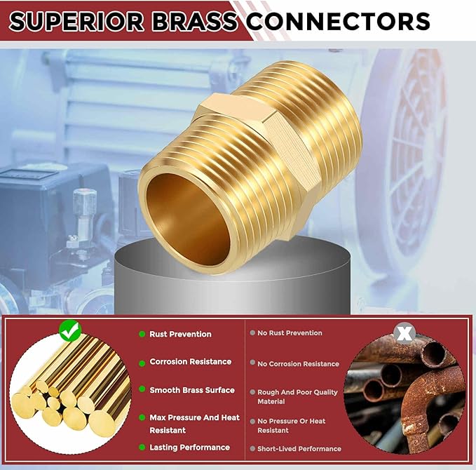 Pack of 8, 1/4" MNPT To 1/4" MNPT Solid Brass Hex Nipple Hose Connectors, Male Pipe Adapter for Pipe Leak Repair, Bathroom Remodeling, Tool Extension, Compression
