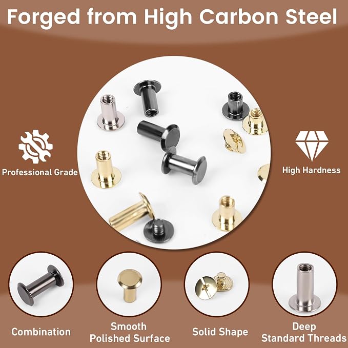 Leather Rivets, AIIQESBT 110 Pcs Chicago Screws with 2 Pcs Tool Set, Chicago Screw Rivets Assorted Kit for Decorate & Repair Leather Crafting, Bookbinding, Custom-Made Items & DIY Crafts (Silver)