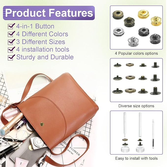100Sets Snaps Button Kit, 15mm Leather Snaps Fasteners, Metal Button Press Studs with 4 Install Tools 4 Colors for Leather Bag Clothes Jackets Jeans Wears Bracelets Fashion DIY Sewing