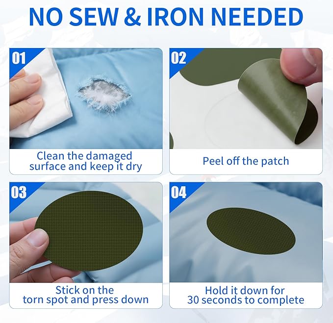 Waterproof Self-Adhesive Nylon Fabric Repair Tape - Tent Repair Kit,48pcs Fabric Patches for Tent, Jacket, Clothes, Puffer Down Jacket,Sleeping Bag, Outdoor Gear Tenacious Repairs Tape, Army Green