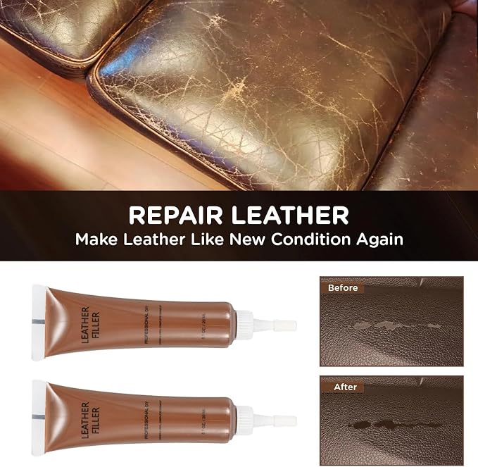 Leather Repair Kit for Furniture, Car Interiors,Car Seat,Brown Leather & Vinyl Repair Kit for Couches,Shoes,Real & Artificial Leathers, PU, Fix Scratch, Tears, Peeling, Burn Hole, Fade