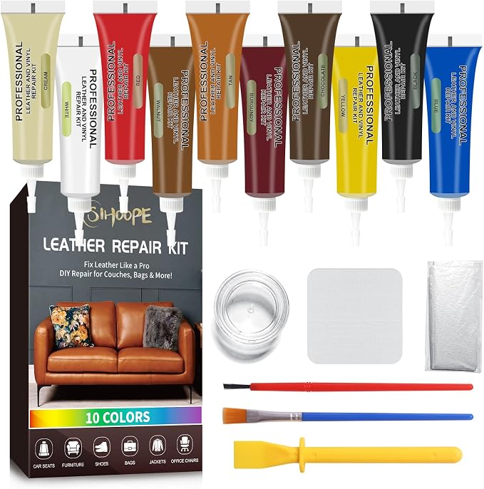Car Leather Repair Kit for Furniture, Vinyl Repair Kit for Car Interiors Seat,Fixes Tears, Holes, Scratches and Peeling, Restores Faux, Artificial, and Genuine Leather (Ten Colors)