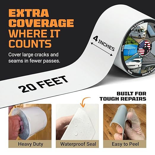 TITANPATCH PRO Waterproof Sealant Tape – White 4" x20' – Stops Leaks Fast & Stays Sealed for 15+ Years – Sticks to RVs, Roofs, Pools, Boats, Gutters – Built for Harsh Weather (-40°F to 190°F)