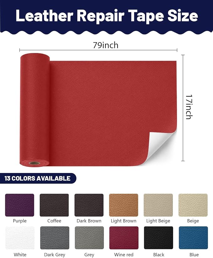 BOUYEER Leather Repair Patch Tape Kit,Self Adhesive Leather Repair for Sofa，Car Seat,Office Chair,Furniture,Jacket,Waterproof Strong Adhesive Vinyl Repair Kit. 17 in x 79 in,Red