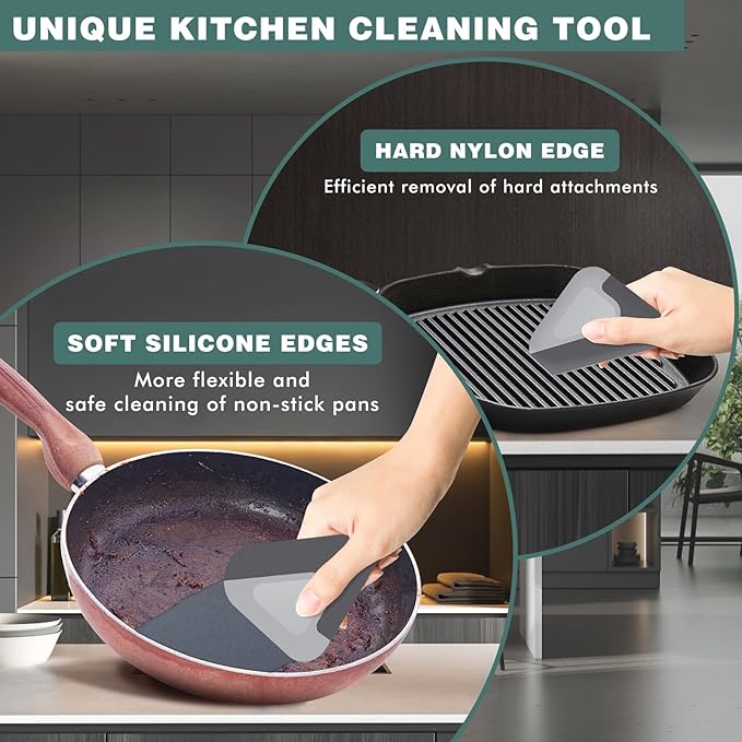 Food Scraper, 2-in-1 Pot and Pan Dish Scraper, Nylon and Silicone, Kitchen Scraper Tools for Cast Iron Skillets, Cookware, Dishes, Pans and Pots, Heat Resistant, Set of 3