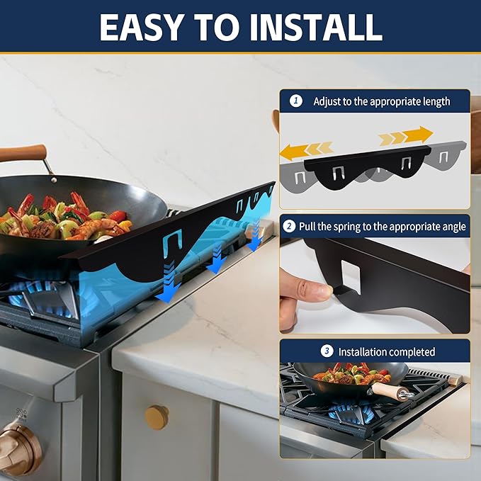 Stove Gap Covers Stainless Steel, Heat Resistant Gap Filler, Adjustable 13.8” to 27.6” Length, Range Trim Kit - KIGJU Side Gap Guards for Stovetop, Kitchen Counter & Oven (Black+Silver 4 Pack)