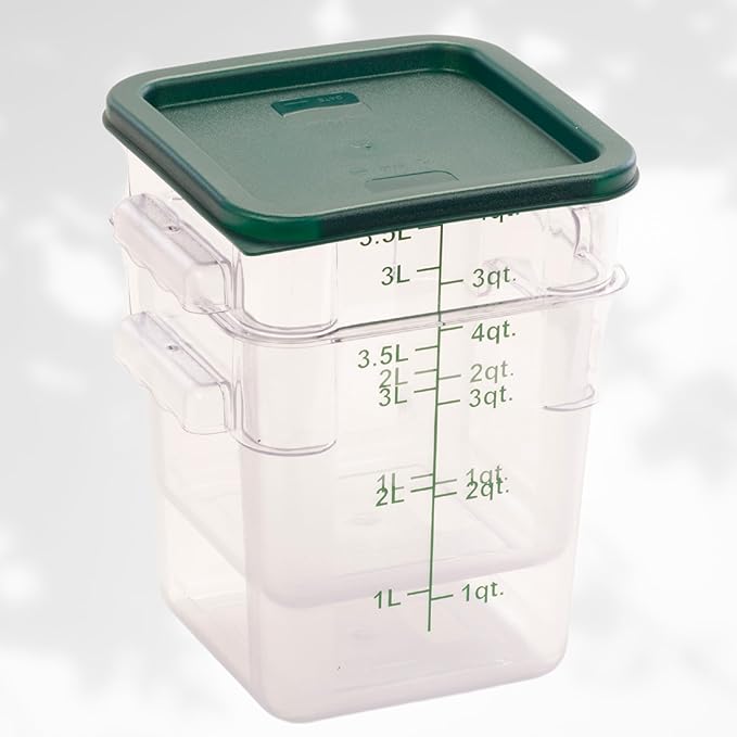 FSE Square Food Storage Container with Green Lid, 4 Quart, Polycarbonate, Reusable, Clear, NSF