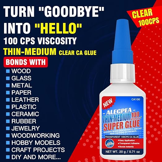 20g Thin-Medium CA Glue (100 CPS), Instant Clear Cyanoacrylate Glue for Wood, Glass, Metal, Paper, Leather, Plastic, Ceramic, Rubber, Jewelry, Woodworking, Hobby Models, and Craft Project