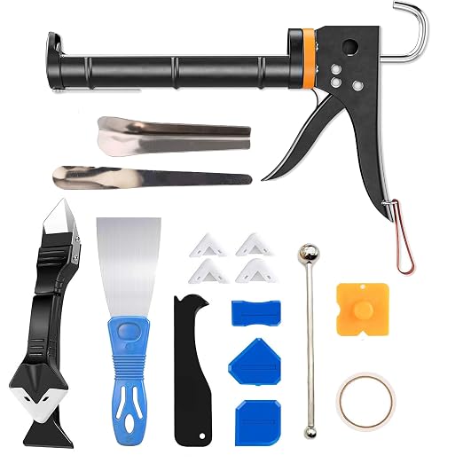 Caulk Gun Kit with Caulk Remover Tool – 3 in 1 Caulking Tool Set for Caulking Removal, Includes Smooth Silicone Caulking Gun, Scraper, Grout Balls, Finishing Tools for Bathroom Kitchen Window Tile