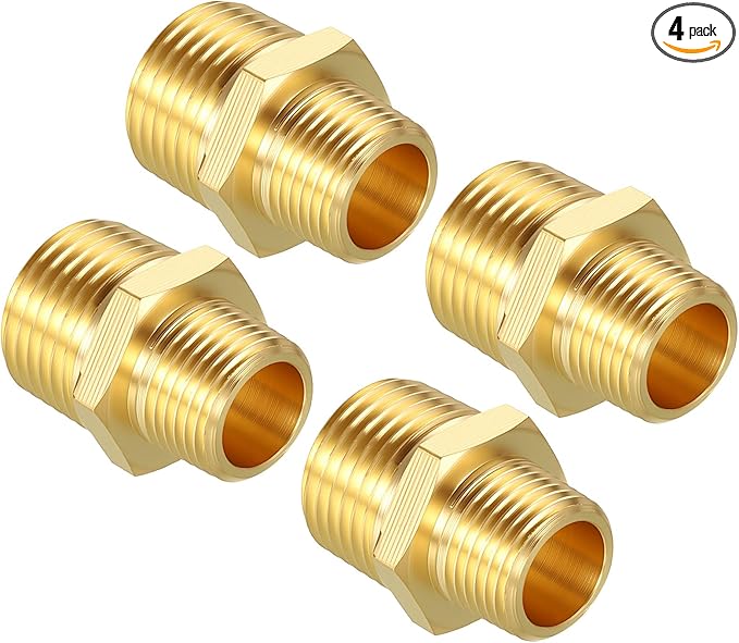 Pack of 4, 1/2" MNPT to 3/8" MNPT Solid Brass Hex Nipple Hose Connectors, Male Pipe Adapter for Pipe Leak Repair, Bathroom Remodeling, Tool Extensions, Compression