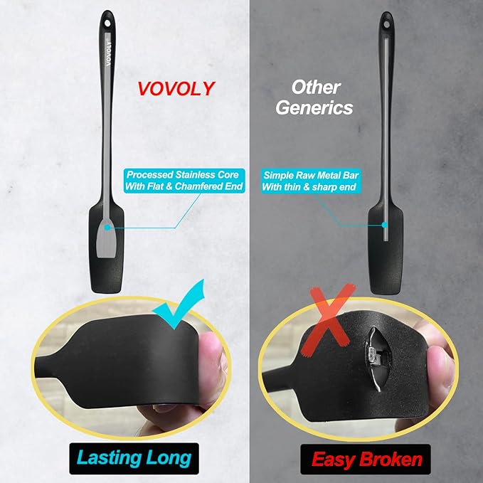 VOVOLY Silicone Jar Spatulas, Long Handle Jar Spatulas, 600ºF Heat Resistant Small Spatula, Seamless Design, Stainless Steel Core, BPA Free Spoonula (3, Mixed)