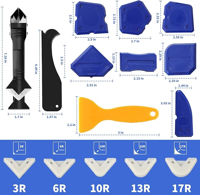Caulking Tool Kit,Caulk Remover Tool,3 in 1Silicone Caulking Tool Kit, Grout Scraper, Reuse and Replace 5 Silicone Pads, Bathroom, Kitchen, Floor, Window, Sink Joint, Frames Seal Tools (23 PCS)