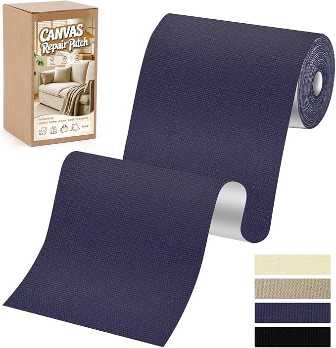 Canvas Fabric Patches, 4x79 Inches Self-Adhesive Canvas Repair Tape, Waterproof Fabric Tape Kit for Repairing Sofa, Cushion, Clothes, Tent, Sun Umbrella, Boat Cover (Dark Blue)