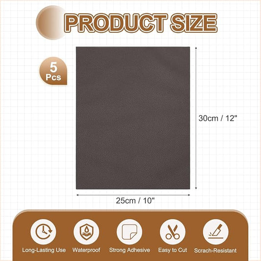 MECCANIXITY 5 Pcs Leather Repair Patch 10"x12" Self-Adhesive Leather Vinyl Repair Tape Kit for Furniture Couches Sofa Chair Car Boat Seats Jackets, Dark Coffee