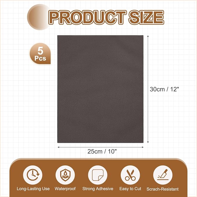 MECCANIXITY 3 Pcs Leather Repair Patch 10"x12" Self-Adhesive Leather Vinyl Repair Tape Kit for Furniture Couches Sofa Chair Car Boat Seats Jackets, Dark Coffee