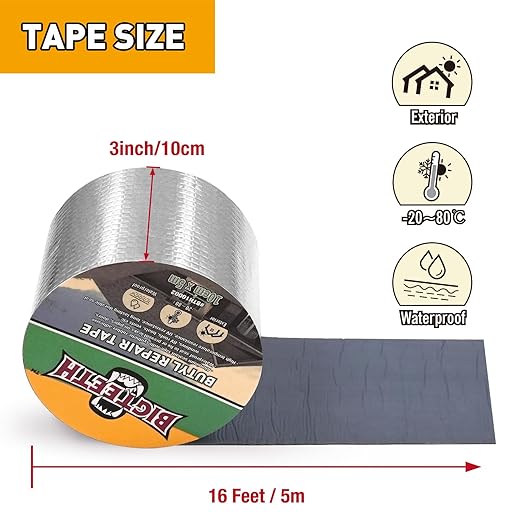 BIGTEETH Aluminum Butyl Repair Tape - 4 inch x 16 feet Waterproof Tape for Pipes, Doors, Windows, RV Roofs, Boats, Vents, etc