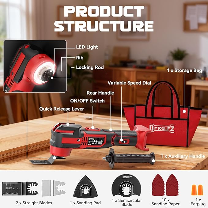 Cordless Oscillating Tool Compatible with Milwaukee 18V Battery(Tool Only), 21,000 OPM Upgraded Brushless 18V Oscillating Multi-tool with 6 Speed, LED Light, DIYtoolifz 4.5° Oscillating Tool for Wood