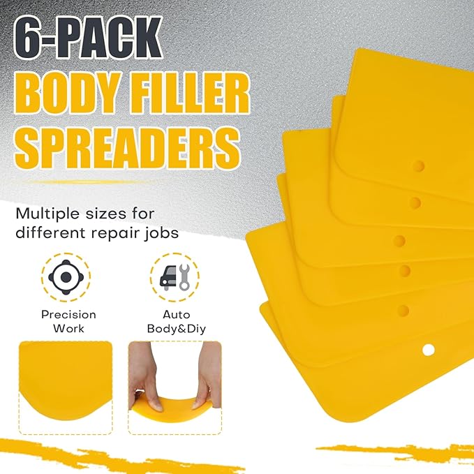 6PCS Flexible Plastic Body Filler Spreaders, Reusable Auto Body Repair Putty Scrapers, 4/5/6 Inch Curved Surface Applicator for Car Body Filler, Putty, Glaze, Caulk and Home Wall Repair