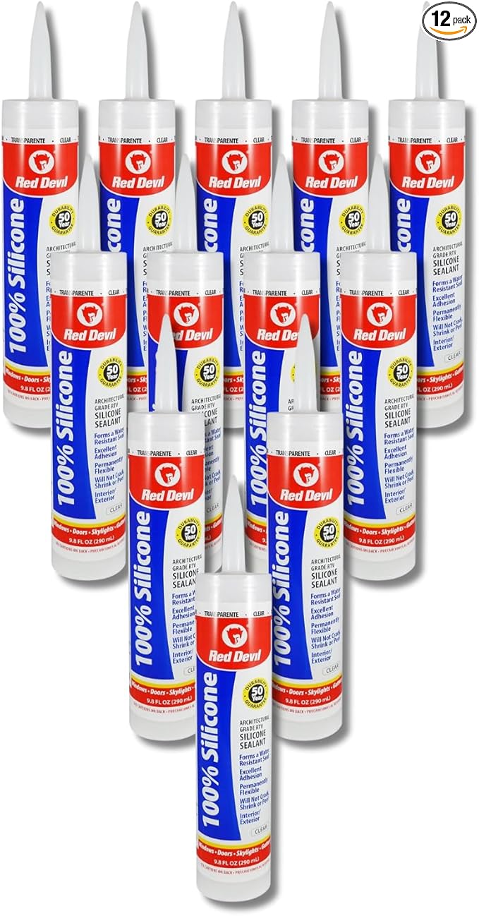 Red Devil 0826 100% Silicone Sealant Architectural Grade, 9.8 oz., Clear, 12 Pack