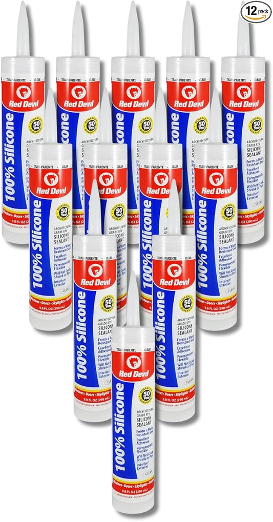Red Devil 0826 100% Silicone Sealant Architectural Grade, 9.8 oz., Clear, 12 Pack