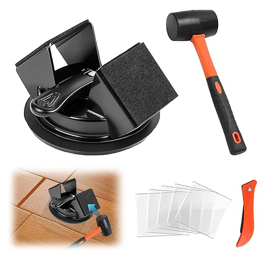 Floor Gap Fixer Tool with Rubber Hammer & Adhesive Pads, Laminate Vinyl Flooring Suction Cup Repair Tool for Closing Floor Gaps, Professional Flooring Installation Kit (Black)