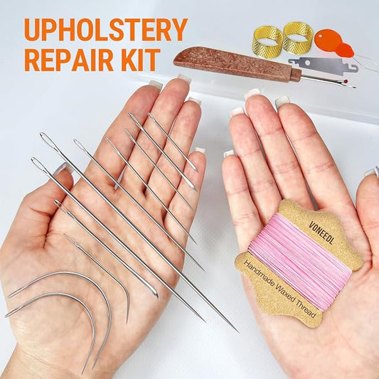 Upholstery Repair Kit: Waxed Sewing Thread (Pink Color) & Heavy Duty Needles (11 PCS) for Leather, Canvas & Quilting Thread