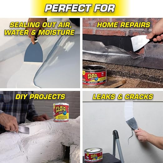 Flex Paste, Waterproof Paintable Putty, Spackle Sealant, Fill Gaps Cracks Holes - Block Out Water and Air - UV Resistant - Walls, Drywall, EPDM, Concrete, Roof, RV Repairs, Black, Quart