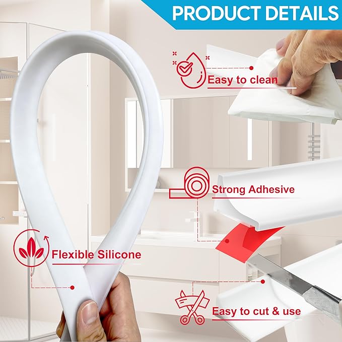 98Inch Shower Threshold Water Dam, Self-Adhesive Silicone Shower Barrier Water Stopper Shower Door Bottom Seal Strip Shower Splash Guard for Bathroom Kitchen Bathtub