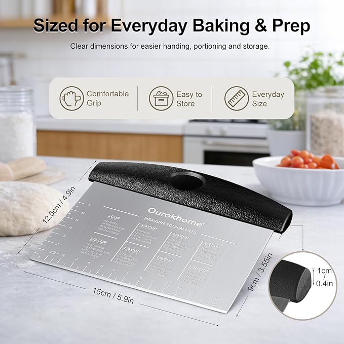 Ourokhome 2 Pack Bench Scraper Dough Cutter, Stainless Steel Dough Scraper with Laser-Etched Scale, Conversion Chart, Non-Slip Handle, Dishwasher Safe for Bread & Pastry, Black and Red