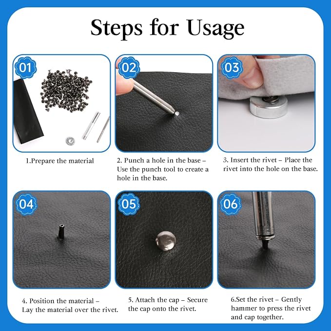 100 Sets Leather Rivets 8x10mm Double Cap Rivets Snaps Metal Studs Fasteners with 3pcs Setting Tools for Leather Craft DIY Repair Decoration, Gunmetal