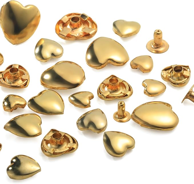 YORANYO 150 Sets Leather Rivets Kit Mixed Sizes Rivets for Leather Heart Studs for Clothing Fabric Gold Color Rivets with Leather Crafting Rivet Tool for Repair Decorate Jackets Shoes Bags Belts Purse