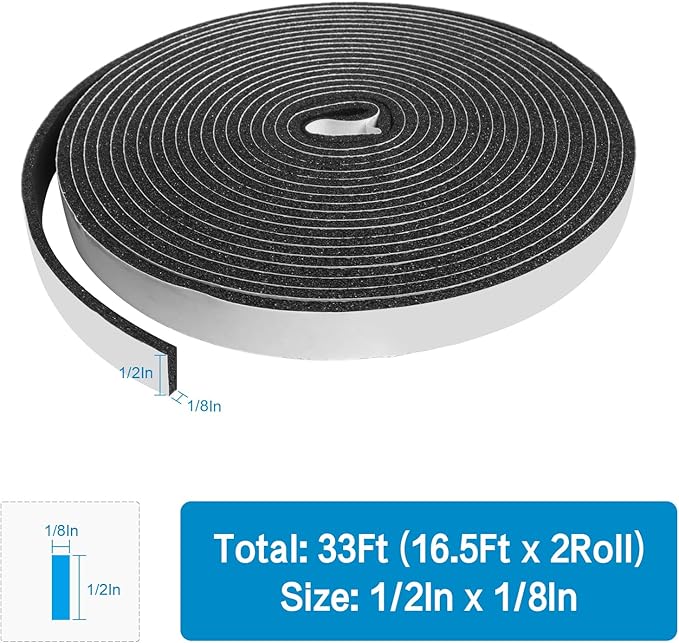 DGSL Foam Insulation Tape, 1/2In x 1/8In x 33Ft Weather Stripping Door Seal Strip for Doors and Windows,Sliding Door,Sound Proof Soundproofing Door Seal,Weatherstrip,Air Conditioning Seal Strip