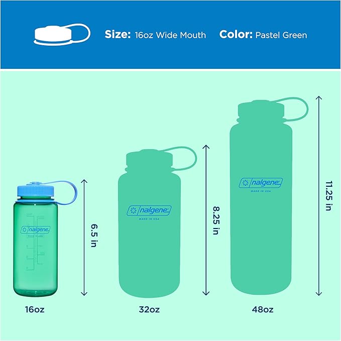 Nalgene 16 oz Wide Mouth Water Bottle | Slim Cup Holder Size, BPA-Free, Durable & Leak Proof, Lightweight Travel Bottle, Pastel Green