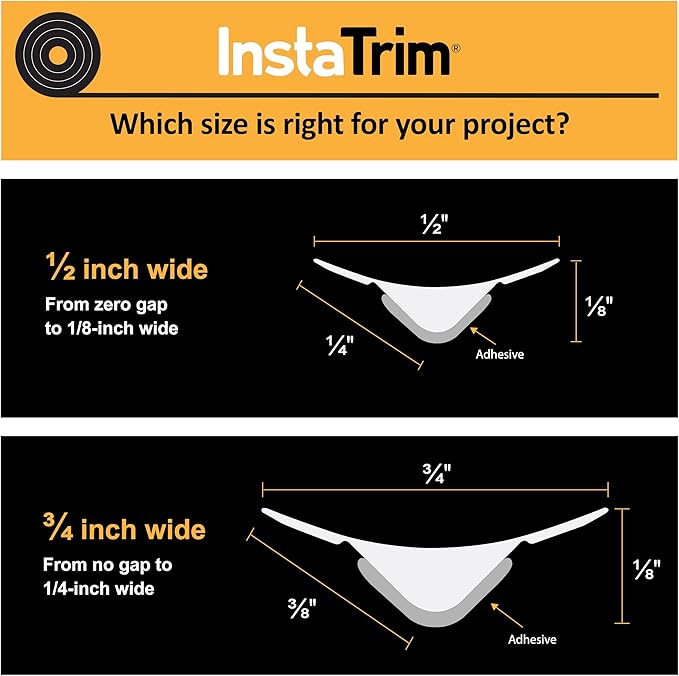 InstaTrim New & Improved Self-Adhesive Caulk Trim, 1/2" x 10', 2-Pack, Flexible, Water Resistant, Stain Resistant for Bathroom, Floors, Walls, DIY Project, White