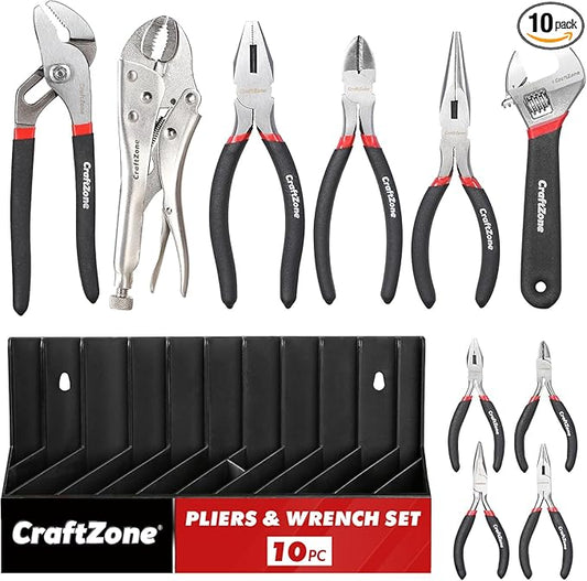 10PC Pliers and Wrench Set with Storage Rack – Includes Locking | Long Nose | Diagonal Cutter | Groove Joint | Linesman & Mini Plier, Carbon Steel Tool Kit for DIY and Home a Gift for Man