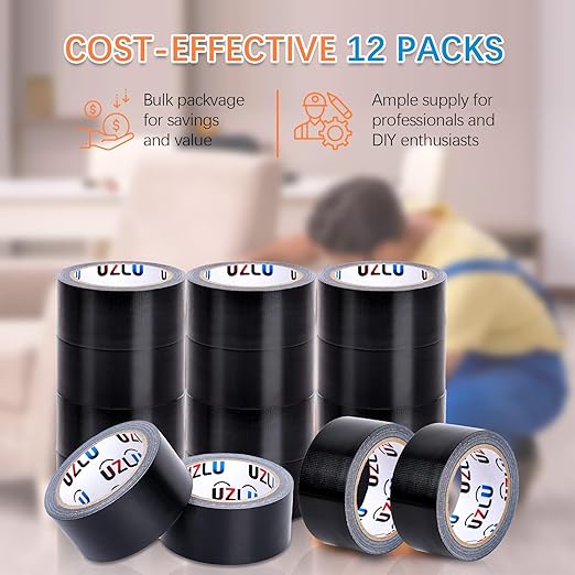 Duct Tape Bulk, Black Duct Tape Heavy Duty, 12 Rolls x 20 Yard x 1.88 Inch Per Roll, Flexible, No Residue, All-Weather and Tear by Hand, Bulk Value for Indoor & Outdoor Repairs, Industrial Use