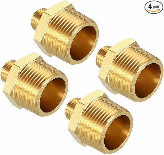 Pack of 4, 3/4" MNPT To 1/4" MNPT Solid Brass Hex Nipple Hose Connectors, Male Pipe Adapter for Pipe Leak Repair, Bathroom Remodeling, Tool Extension, Compression