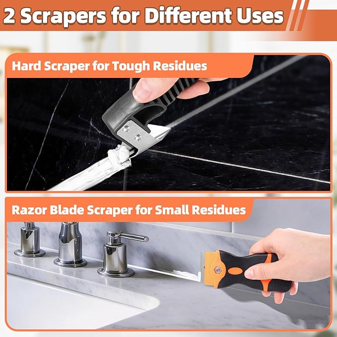 6 Pcs Caulk Tool Set-Multi-Purpose Silicone Caulking Tool Kit with Caulk Smoothing Tool,Razor Blade Scraper,Caulk Remover Tool for Clean Seal Lines,Non-Scratch for Bathroom,Kitchen,Window Repair